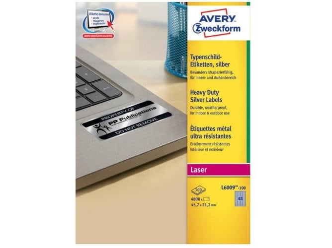 Etiquetas autocolantes Avery L6009-100 | Prateado Avery - Papel de impressora e copiadora - prateado, inkjet, 1000 peças, 45,7x21,2mm