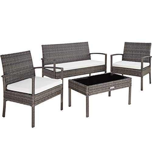 Conjunto de Jardim TECTAKE Spartakus (Cinzento - Poli-Rattan - 49.5x44x77 cm) TecTake - Móveis de exterior - poli-rattan, 49.5x44x77 cm, mesa com vidro, almofadas desmontáveis