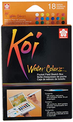 Sakura 18 Cores de Água Aquarela Sketch Box Sakura - Tinta, tinta de arte e esmalte - 18 cores, pincel, depósito de água, esponja