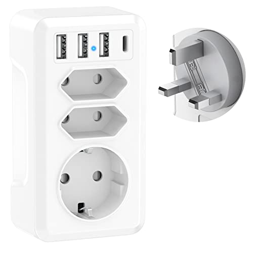 Adaptador de Viagem DURONIC 7 em 1 (UK - EU) YEONPHOM - Conversores e adaptadores de viagem - adaptador viagem, duronic, uk eu, 3 tomadas schuko, usb-c, 7 dispositivos