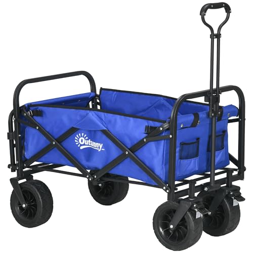 Carrinho de jardim dobrável com comprimento e ângulo do braço ajustáveis e saco de transporte Outsunny | Azul escuro Outsunny - Carrinhos de mão - dobrável, comprimento ajustável, ângulo ajustável, saco de transporte