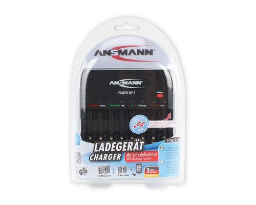Carregador Pilhas ANSMANN Powerline 8 (8 tomadas) Ansmann - Carregadores de bateria de uso geral - 8 tomadas, USB integrado, sobrecarga, curto-circuito
